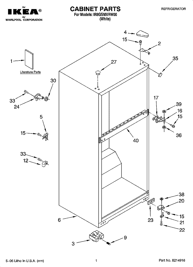 CABINET PARTS Diagram and Parts List for IR8GSMXRW00  Whirlpool Refrigerator