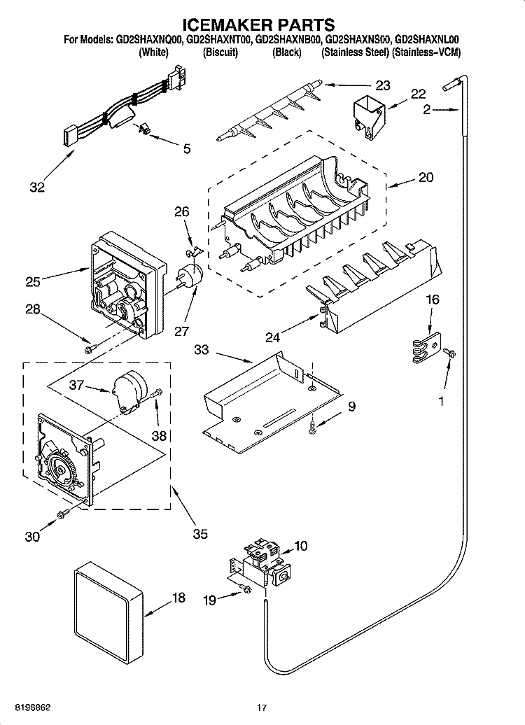 ICEMAKER PARTS Diagram and Parts List for GD2SHAXNB00  Whirlpool Refrigerator