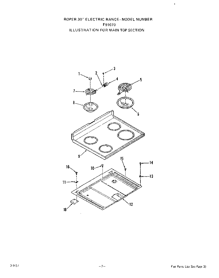 BODY Diagram and Parts List for F9107W0  Roper Range