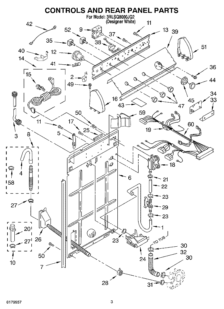 CONTROLS AND REAR PANEL PARTS Diagram and Parts List for 3RLSQ8000JQ2  Whirlpool Washer