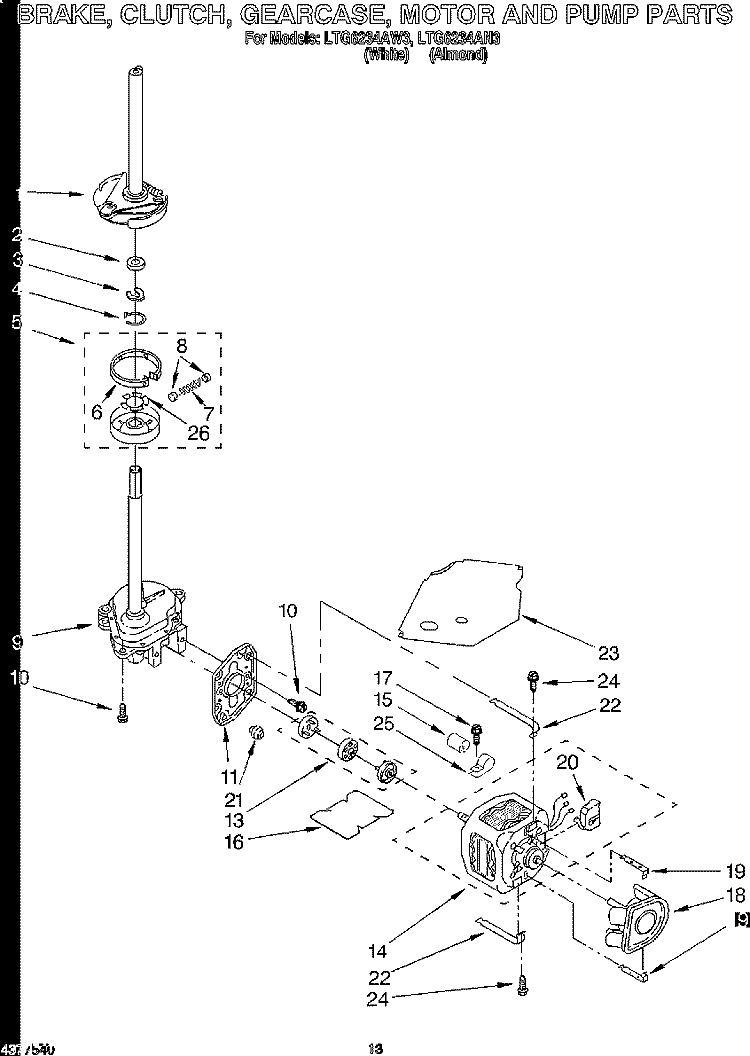 BRAKE, CLUTCH, GEARCASE, MOTOR AND PUMP Diagram and Parts List for LTG6234AN3  Whirlpool Washer Dryer Combo