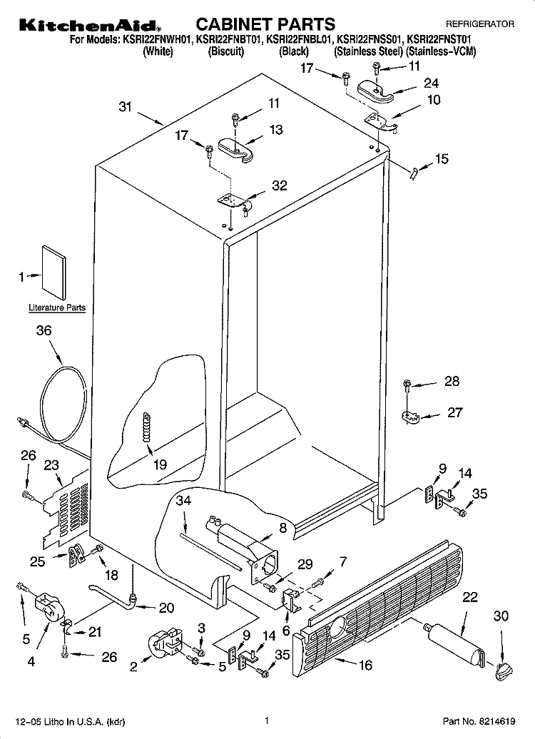 CABINET PARTS Diagram and Parts List for KSRI22FNBL01  KitchenAid Refrigerator