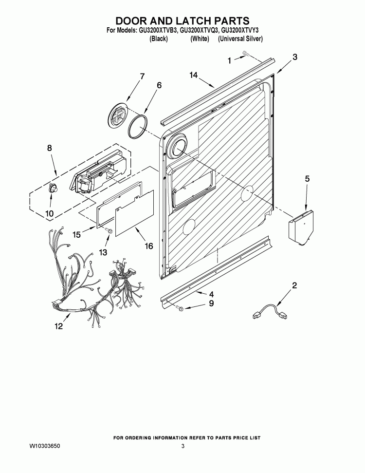 DOOR AND LATCH PARTS Diagram and Parts List for GU3200XTVQ3  Whirlpool Dishwasher