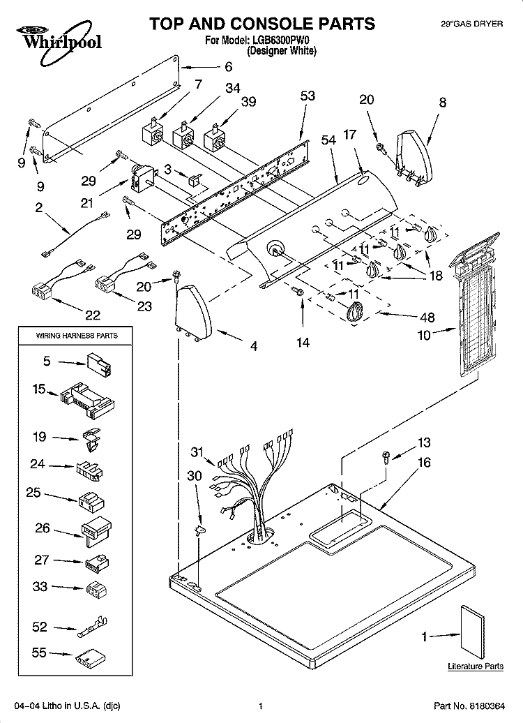 TOP AND CONSOLE PARTS Diagram and Parts List for LGB6300PW0  Whirlpool Dryer