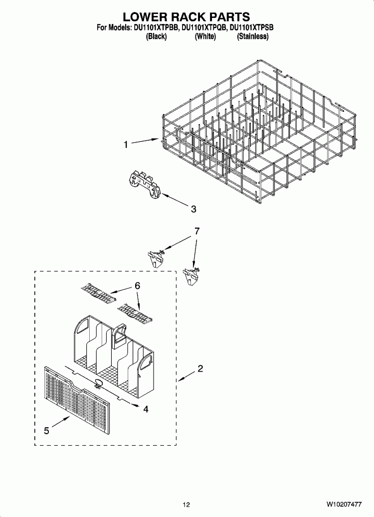 LOWER RACK PARTS Diagram and Parts List for DU1101XTPBB  Whirlpool Dishwasher