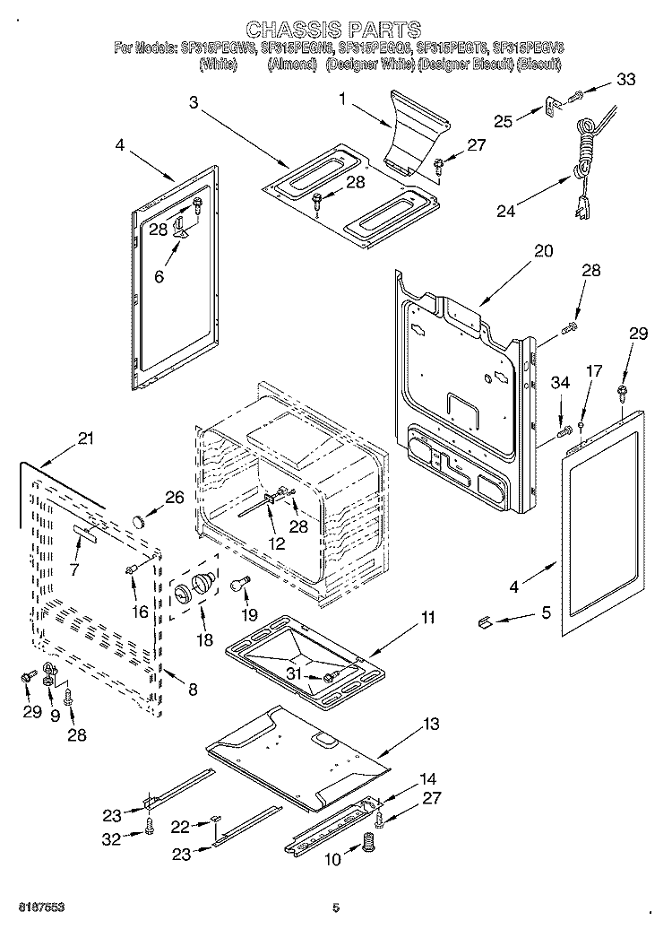 CHASSIS Diagram and Parts List for SF315PEGQ6  Whirlpool Range