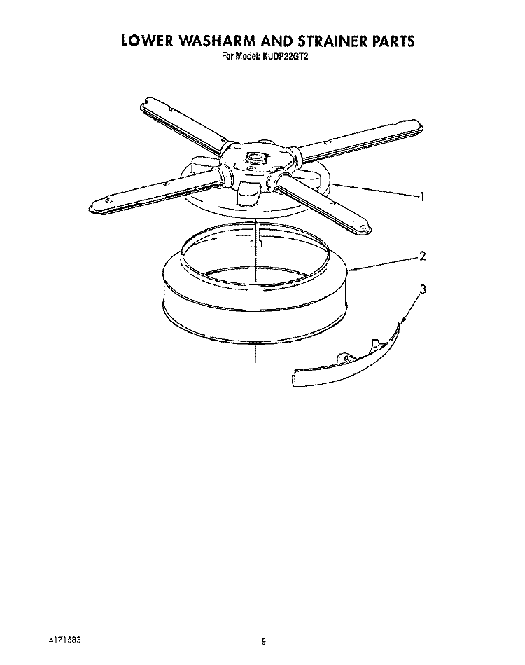 LOWER WASHARM AND STRAINER Diagram and Parts List for KUDP22GT2  KitchenAid Dishwasher