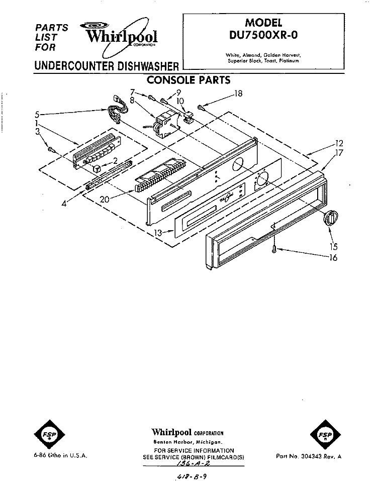 CONSOLE Diagram and Parts List for DU7500XR0  Whirlpool Dishwasher
