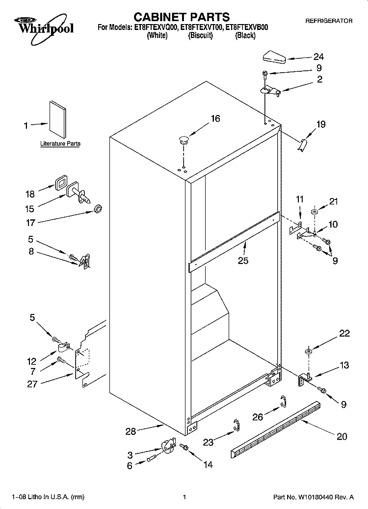 CABINET PARTS Diagram and Parts List for ET8FTEXVT00  Whirlpool Refrigerator