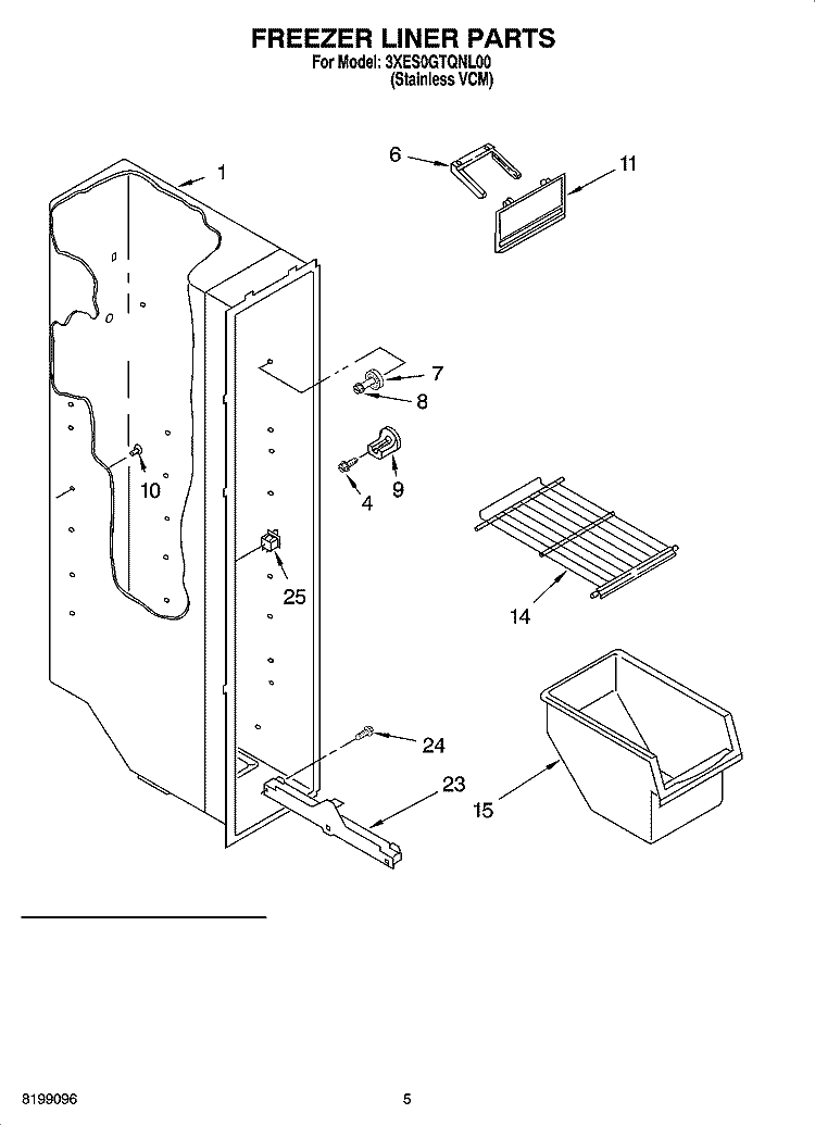 FREEZER LINER PARTS Diagram and Parts List for 3XES0GTQNL00  Whirlpool Refrigerator