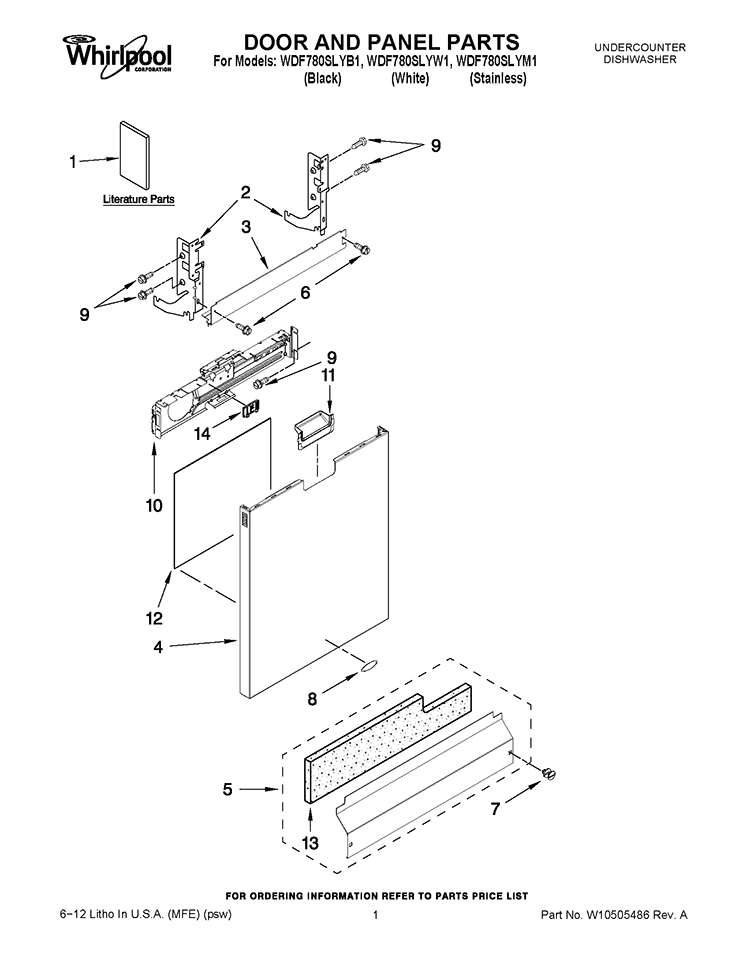 DOOR AND PANEL PARTS Diagram and Parts List for WDF780SLYB1  Whirlpool Dishwasher