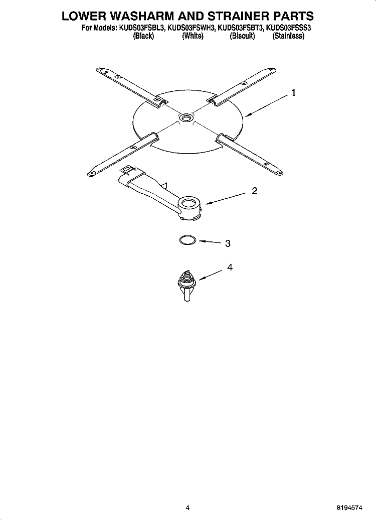 LOWER WASHARM AND STRAINER PARTS Diagram and Parts List for KUDS03FSBL3  KitchenAid Dishwasher