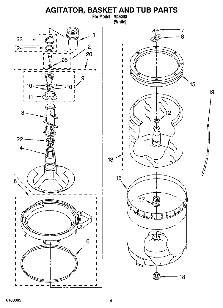 AGITATOR, BASKET AND TUB PARTS Diagram and Parts List for IM45000  Inglis Washer