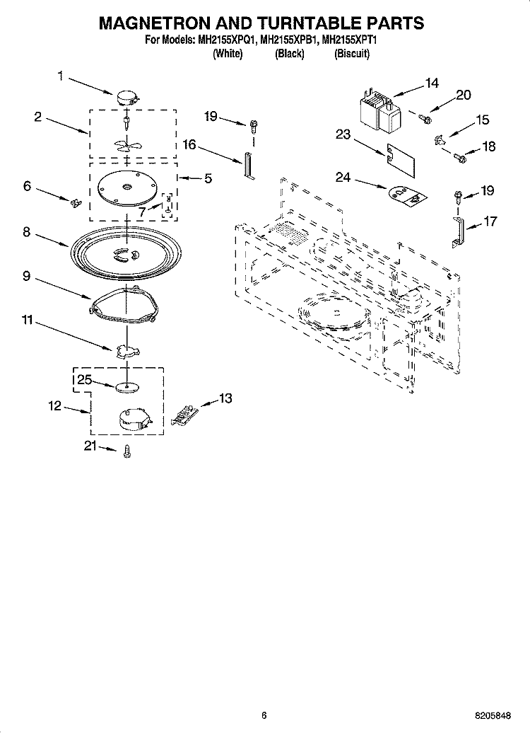 MAGNETRON AND TURNTABLE PARTS Diagram and Parts List for MH2155XPT1  Whirlpool Microwave