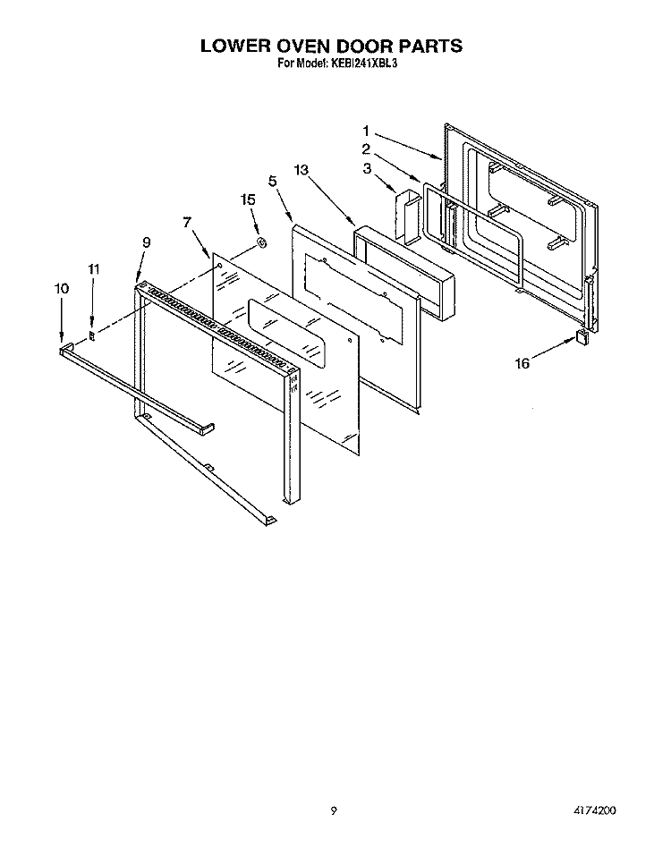 LOWER OVEN DOOR Diagram and Parts List for KEBI241XBL3  KitchenAid Wall Oven