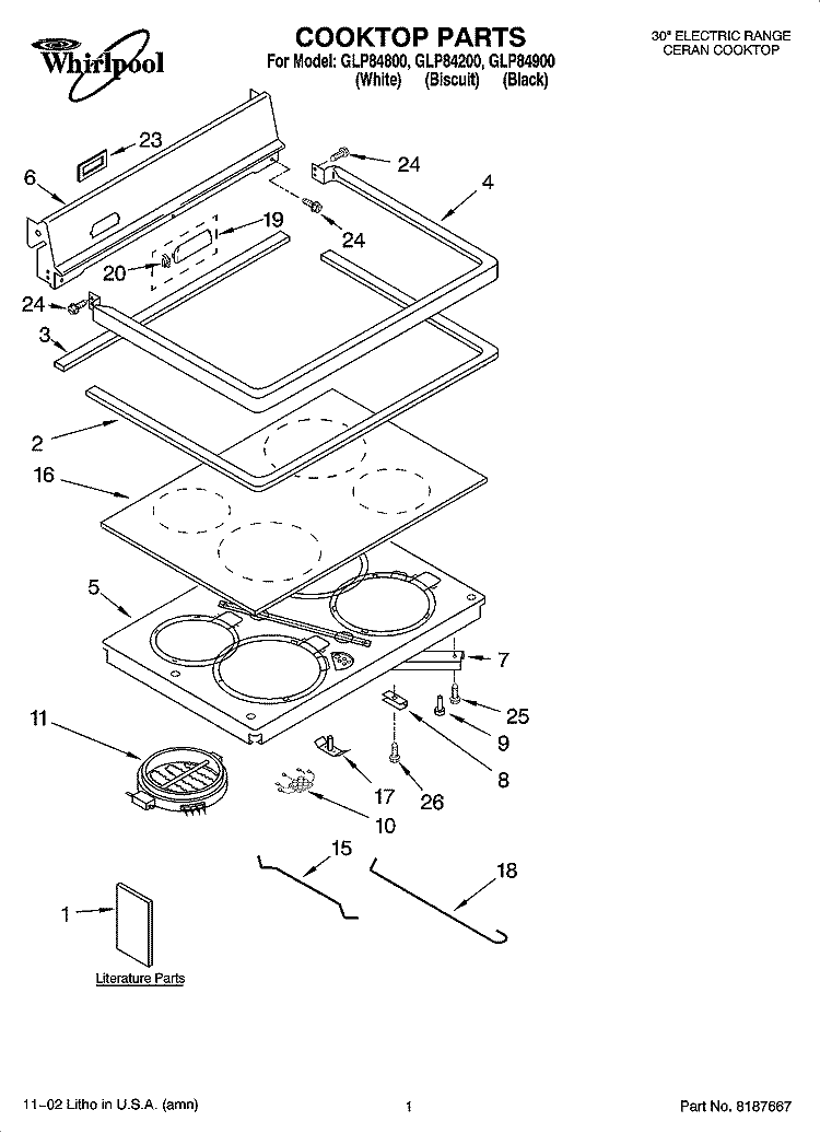 COOKTOP PARTS Diagram and Parts List for GLP84900  Whirlpool Range