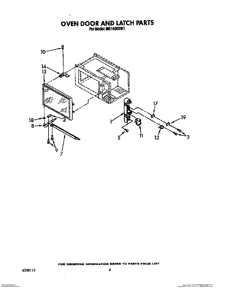OVEN DOOR AND LATCH Diagram and Parts List for MS1600XW1  Whirlpool Wall Oven