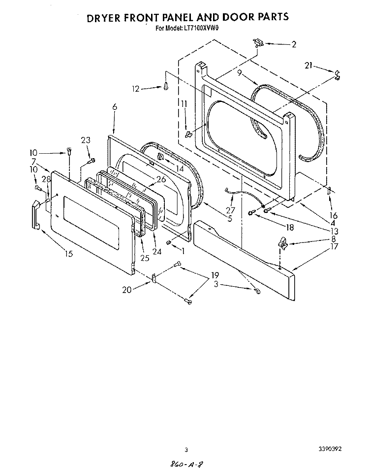 DRYER FRONT PANEL AND DOOR Diagram and Parts List for LT7100XVN0  Whirlpool Washer Dryer Combo