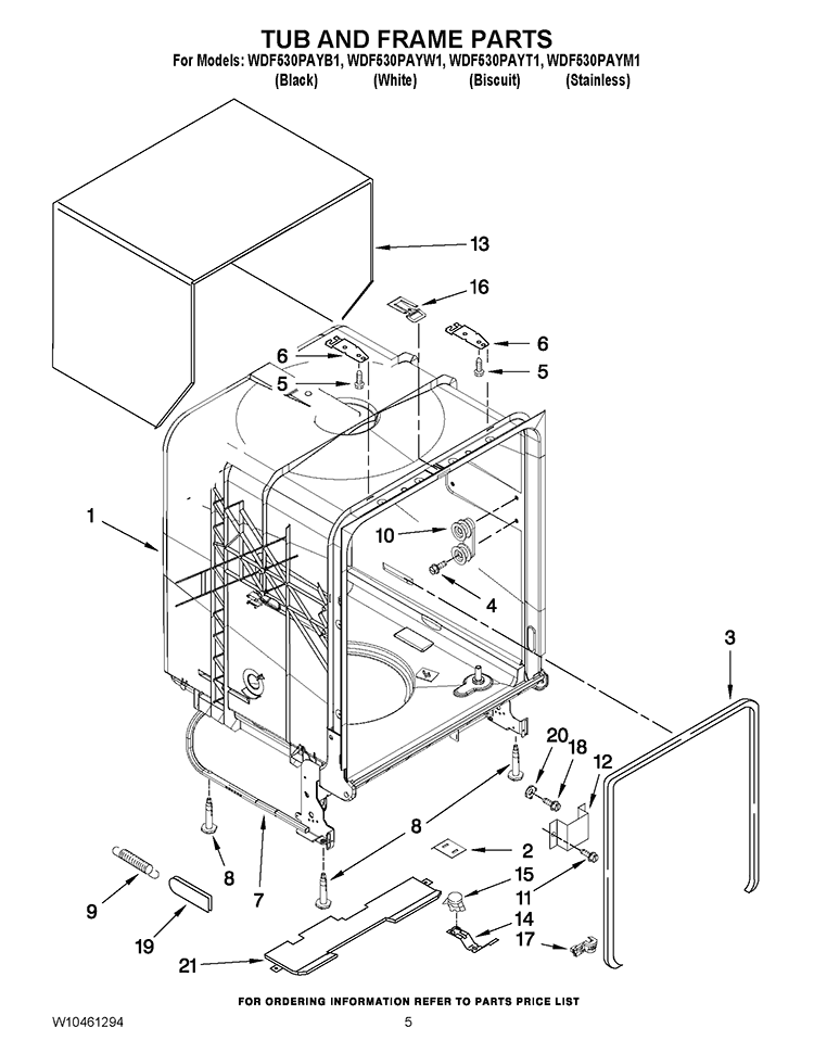 TUB AND FRAME PARTS Diagram and Parts List for WDF530PAYB1  Whirlpool Dishwasher