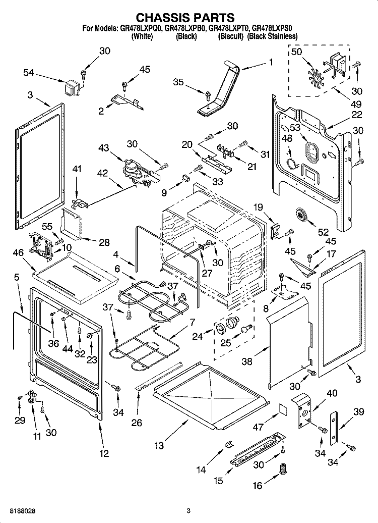 CHASSIS PARTS Diagram and Parts List for GR478LXPT0  Whirlpool Range