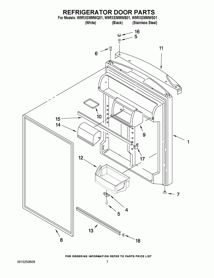 REFRIGERATOR DOOR PARTS Diagram and Parts List for W9RXEMMWB01  Whirlpool Refrigerator