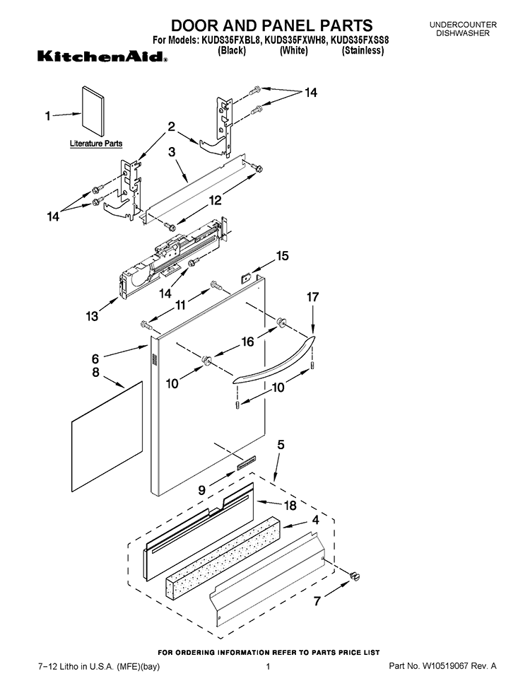 DOOR AND PANEL PARTS Diagram and Parts List for KUDS35FXSS8  KitchenAid Dishwasher