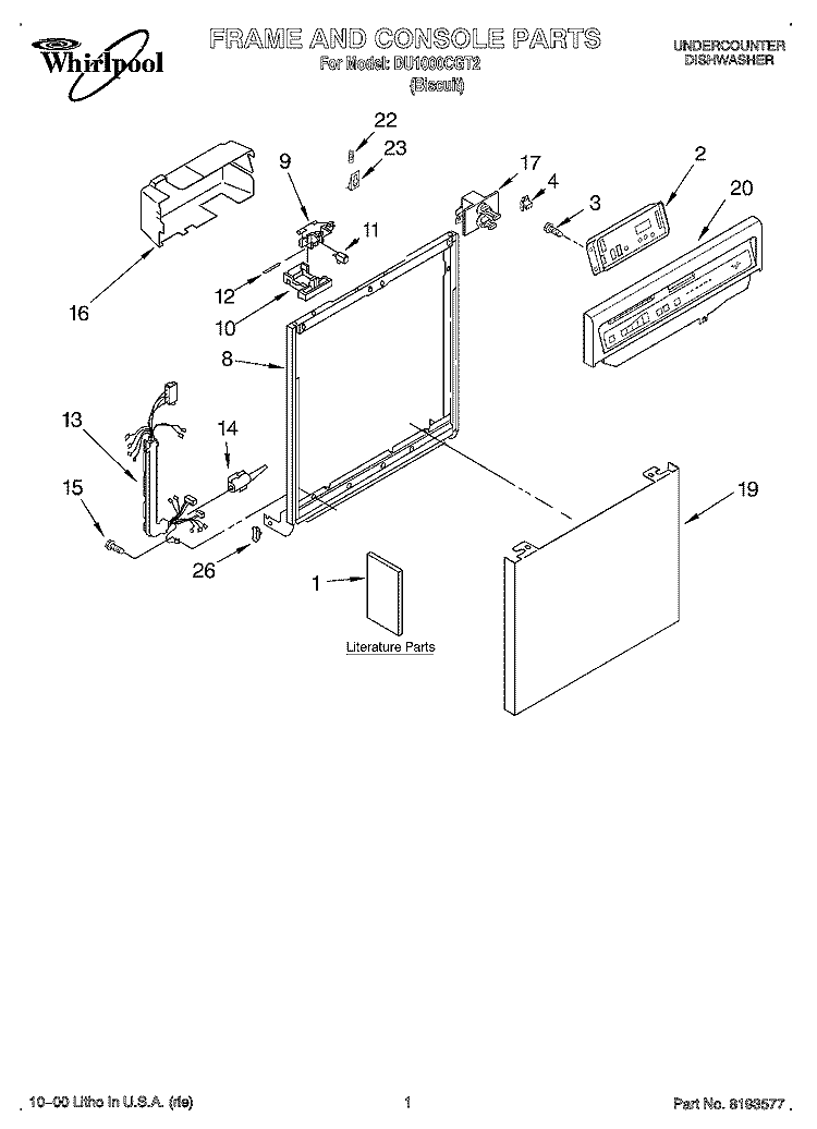 FRAME AND CONSOLE, LITERATURE Diagram and Parts List for DU1000CGT2  Whirlpool Dishwasher