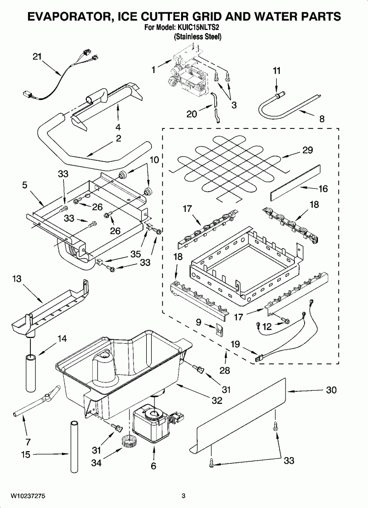 EVAPORATOR, ICE CUTTER GRID AND WATER PARTS Diagram and Parts List for KUIC15NLTS2  KitchenAid Ice Maker