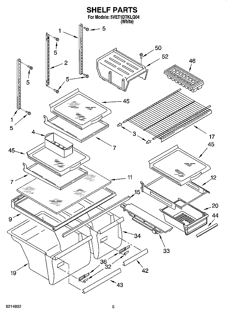 SHELF PARTS Diagram and Parts List for 5VET1DTKLQ04  Whirlpool Refrigerator