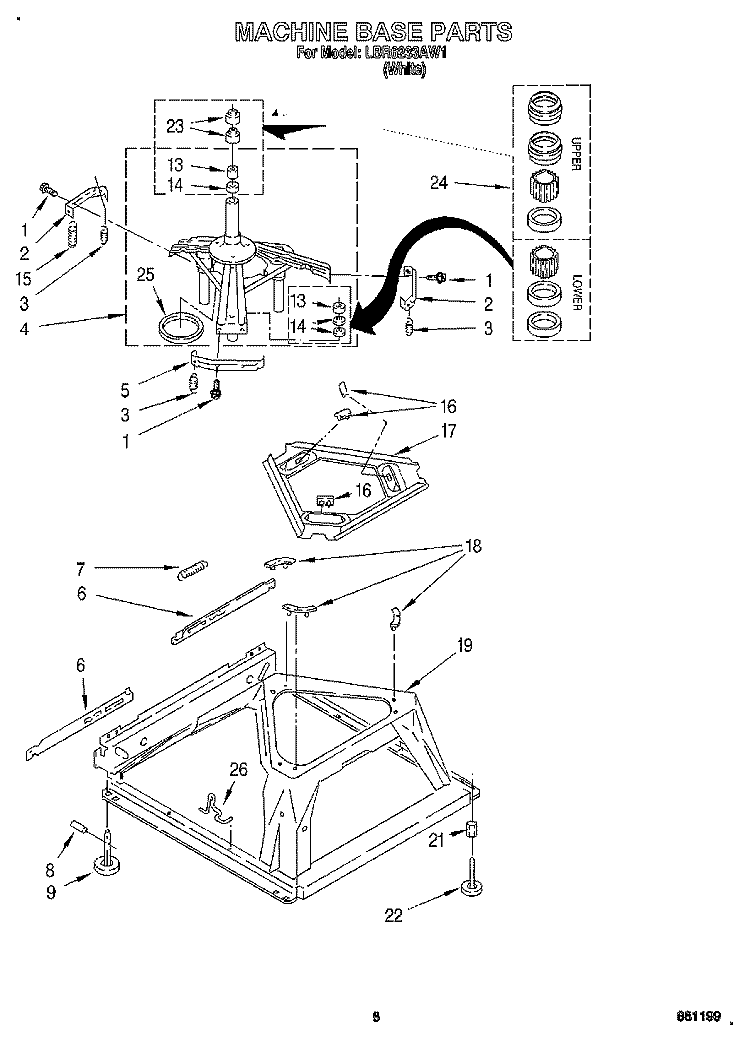 MACHINE BASE Diagram and Parts List for LBR6233AW1  Whirlpool Washer