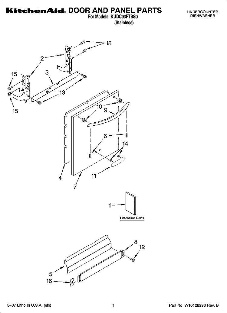 DOOR AND PANEL PARTS Diagram and Parts List for KUDC03FTSS0  KitchenAid Dishwasher