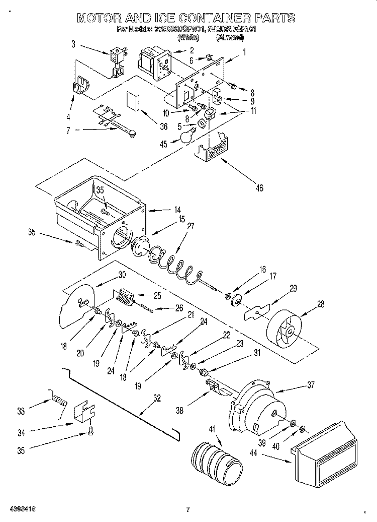 MOTOR AND ICE CONTAINER Diagram and Parts List for 3VED23DQFN01  Whirlpool Refrigerator