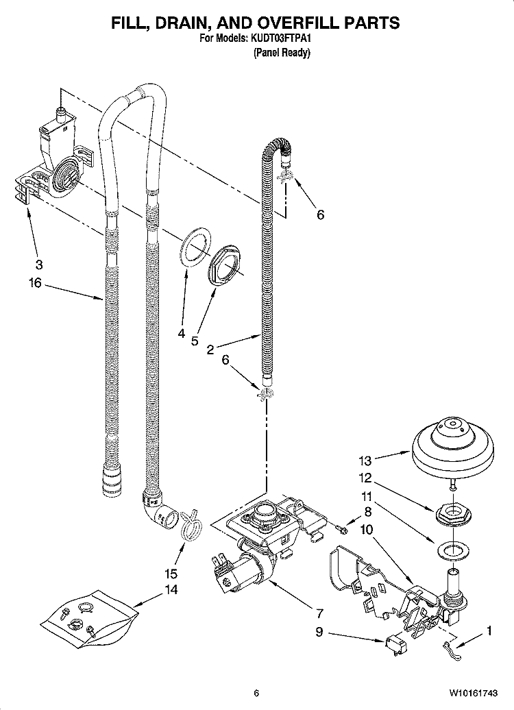 FILL, DRAIN, AND OVERFILL PARTS Diagram and Parts List for KUDT03FTPA1  KitchenAid Dishwasher