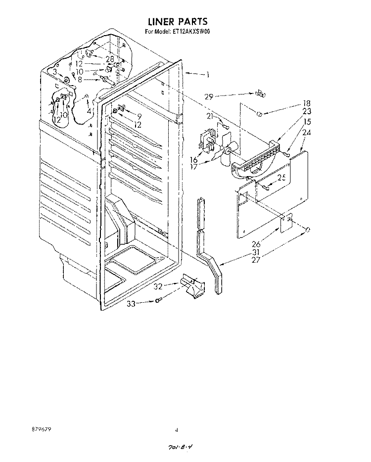 LINER Diagram and Parts List for ET12AKXSW00  Whirlpool Refrigerator