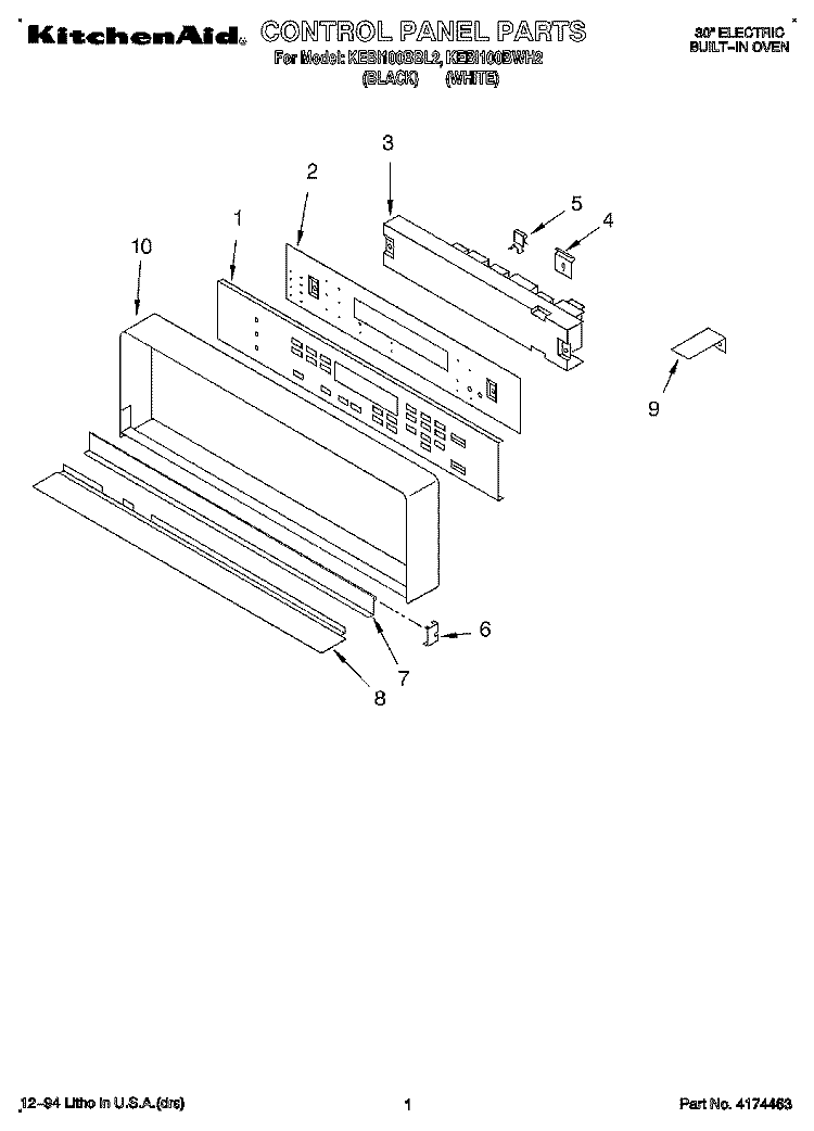 CONTROL PANEL Diagram and Parts List for KEBI100BBL2  KitchenAid Wall Oven