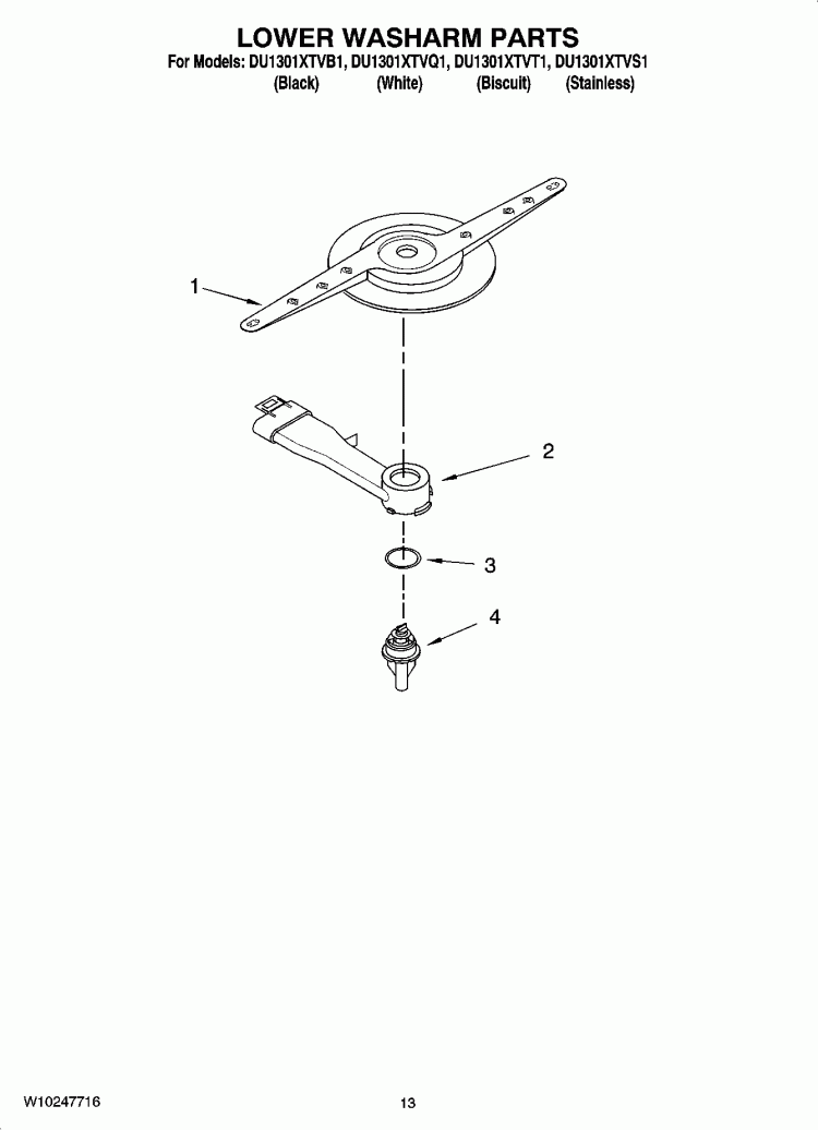LOWER WASHARM PARTS, OPTIONAL PARTS (NOT INCLUDED) Diagram and Parts List for DU1301XTVQ1  Whirlpool Dishwasher