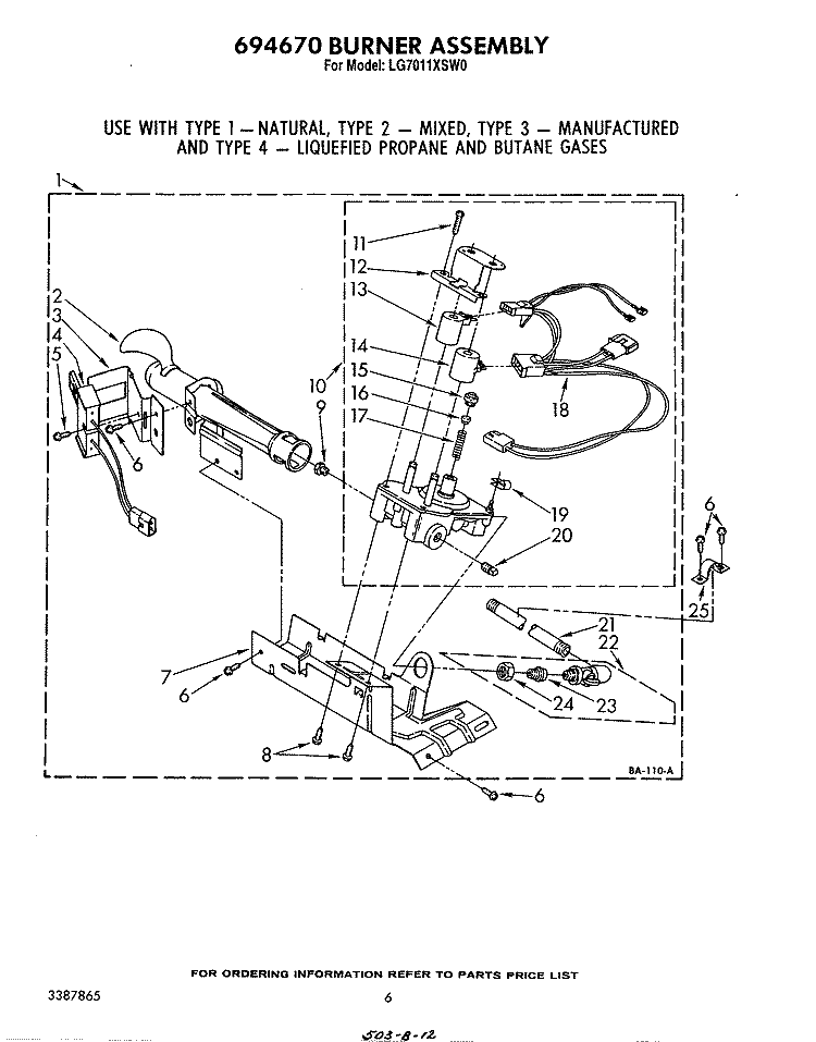 694670 BURNER ASSEMBLY Diagram and Parts List for LG7011XSW0  Whirlpool Dryer