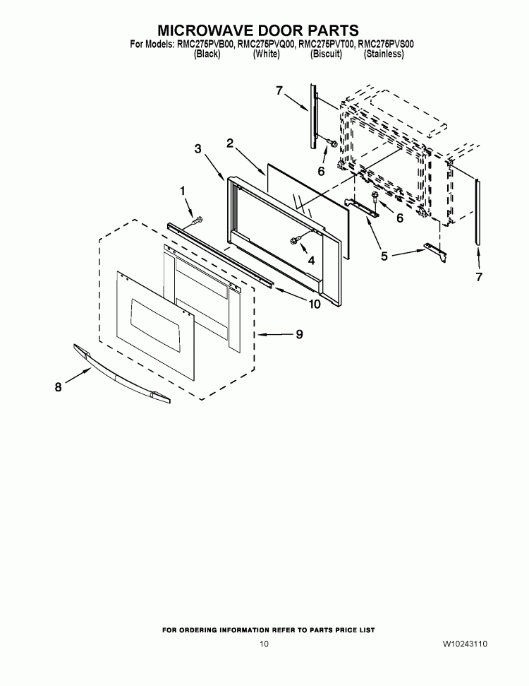 MICROWAVE DOOR PARTS Diagram and Parts List for RMC275PVB00  Whirlpool Microwave Oven Combo