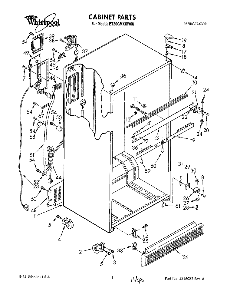 CABINET Diagram and Parts List for ET20GMXXW00  Whirlpool Refrigerator