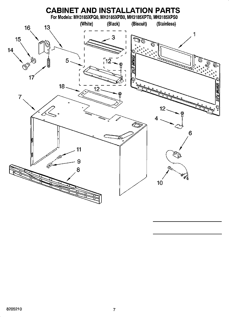 CABINET AND INSTALLATION PARTS Diagram and Parts List for MH3185XPT0  Whirlpool Microwave