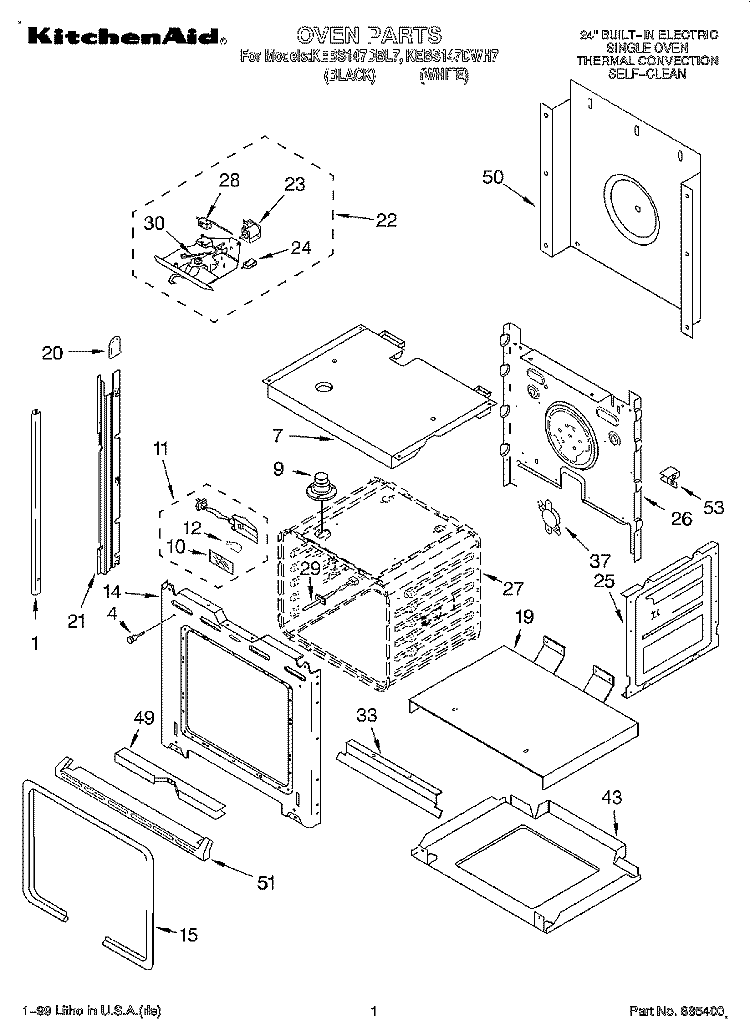 OVEN Diagram and Parts List for KEBS147DWH7  KitchenAid Wall Oven