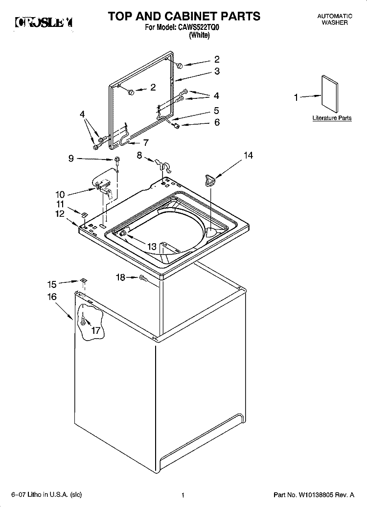TOP AND CABINET PARTS Diagram and Parts List for CAWS522TQ0  Crosley Washer