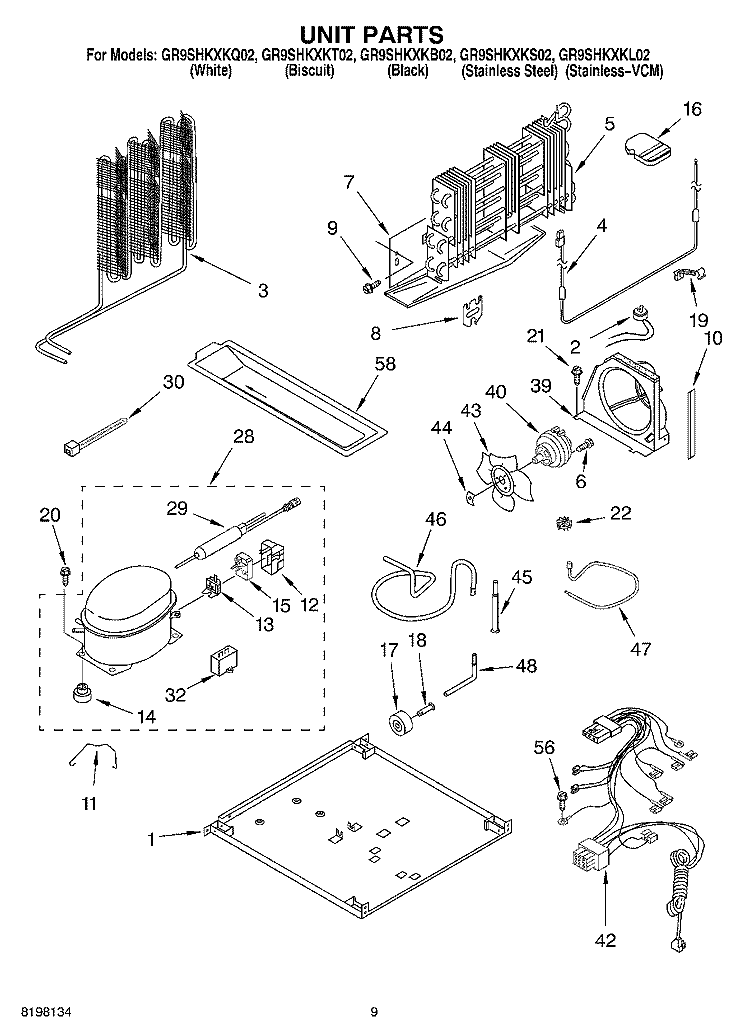 UNIT Diagram and Parts List for GR9SHKXKT02  Whirlpool Refrigerator