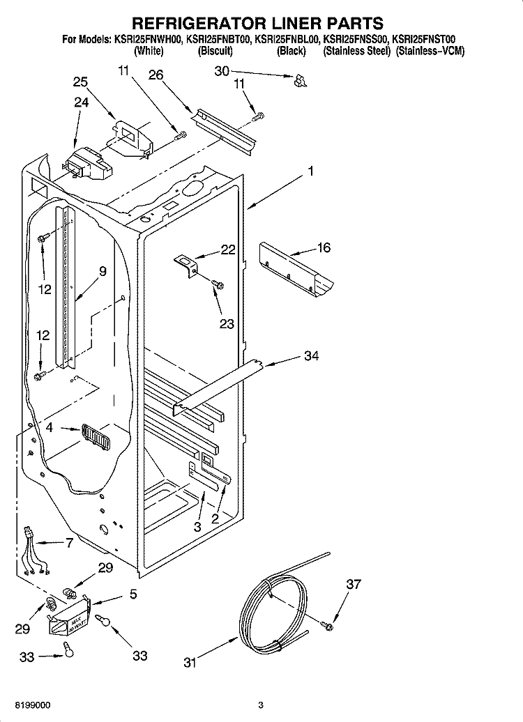 REFRIGERATOR LINER PARTS Diagram and Parts List for KSRI25FNSS00  KitchenAid Refrigerator