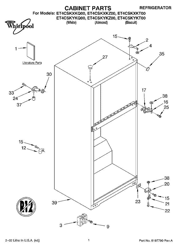 CABINET, LITERATURE Diagram and Parts List for ET4CSKYKZ00  Whirlpool Refrigerator
