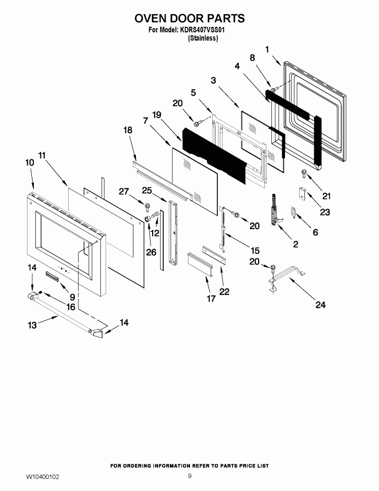 OVEN DOOR PARTS Diagram and Parts List for KDRS407VSS01  KitchenAid Range