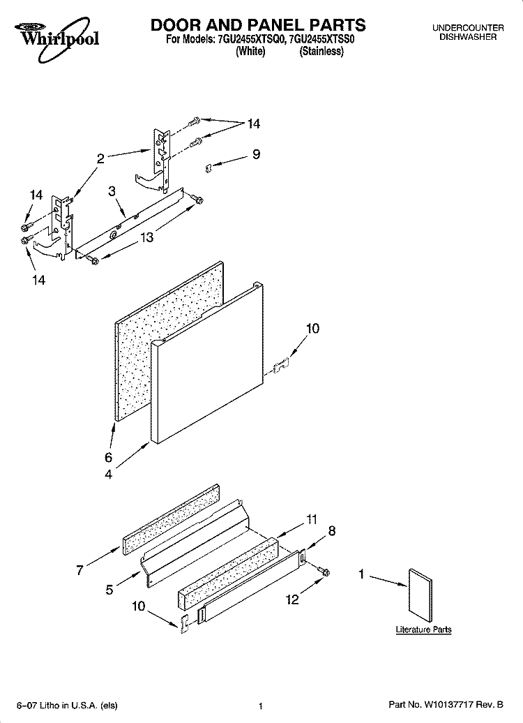 DOOR AND PANEL PARTS Diagram and Parts List for 7GU2455XTSQ0  Whirlpool Dishwasher