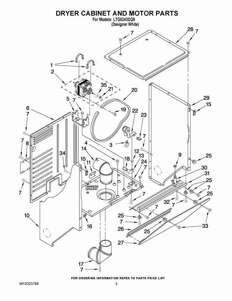 DRYER CABINET AND MOTOR PARTS Diagram and Parts List for LTG5243DQ9  Whirlpool Washer Dryer Combo