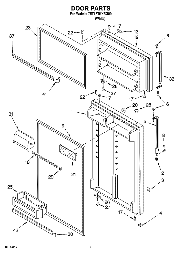 DOOR PARTS Diagram and Parts List for 7ET1FTKXRQ00  Whirlpool Refrigerator