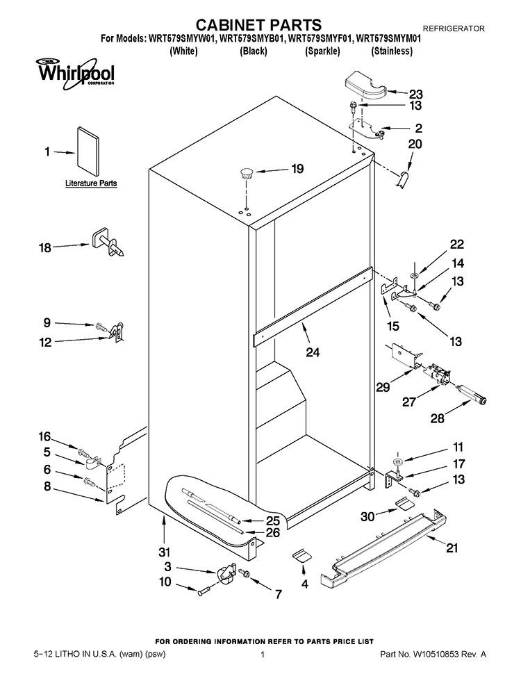 CABINET PARTS Diagram and Parts List for WRT579SMYW01  Whirlpool Refrigerator